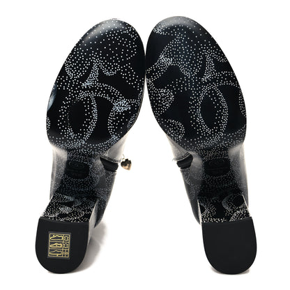 Chanel Calfskin Camellia Printed Ankle Boots 39.5 Black White 5 of 8