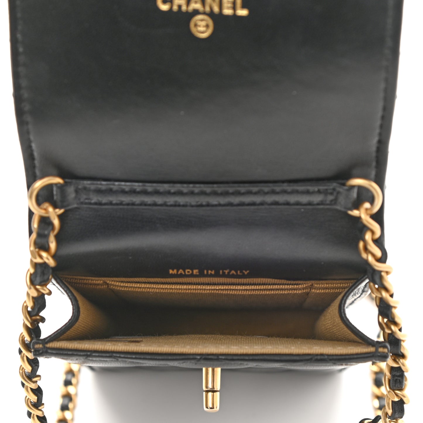 Lambskin Quilted Pearl Crush Phone Holder With Chain Black