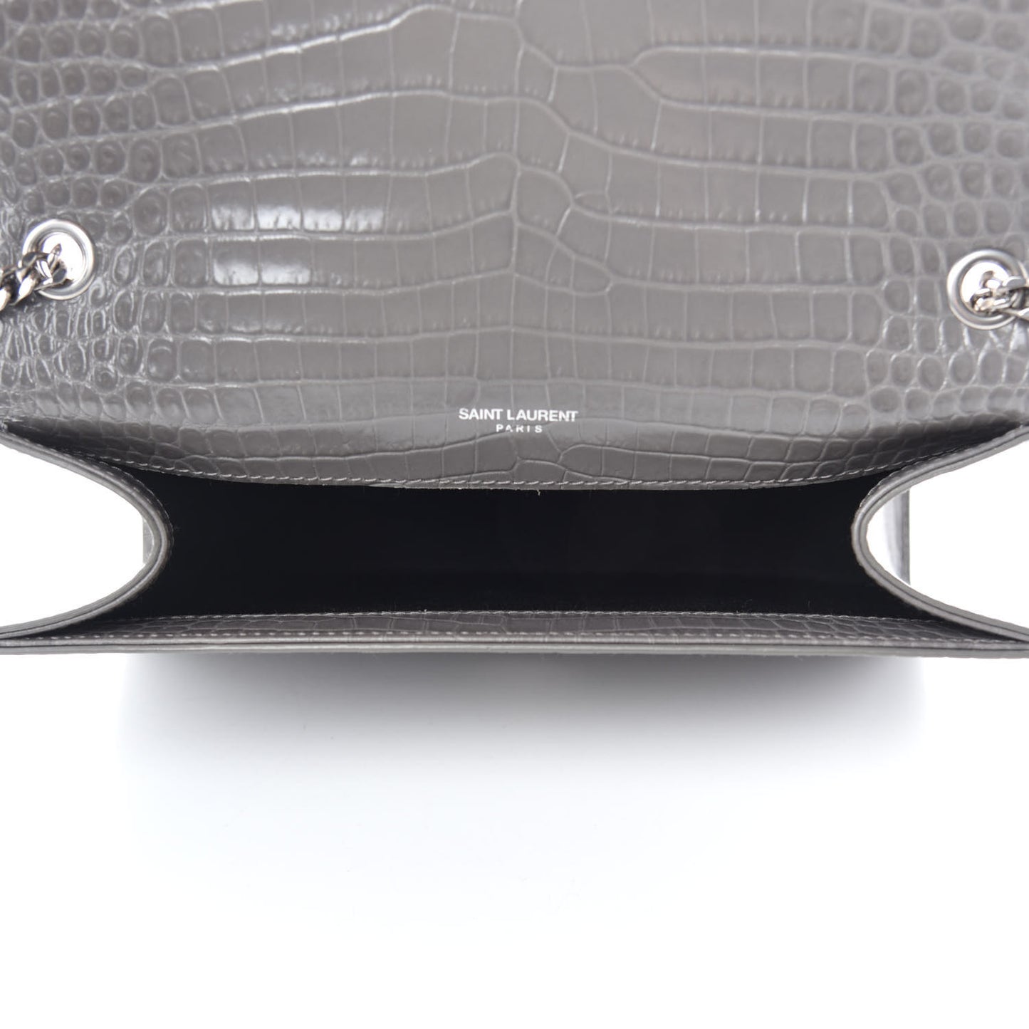 Calfskin Crocodile Embossed Medium Classic Monogram Kate Tassel Satchel Earth Grey