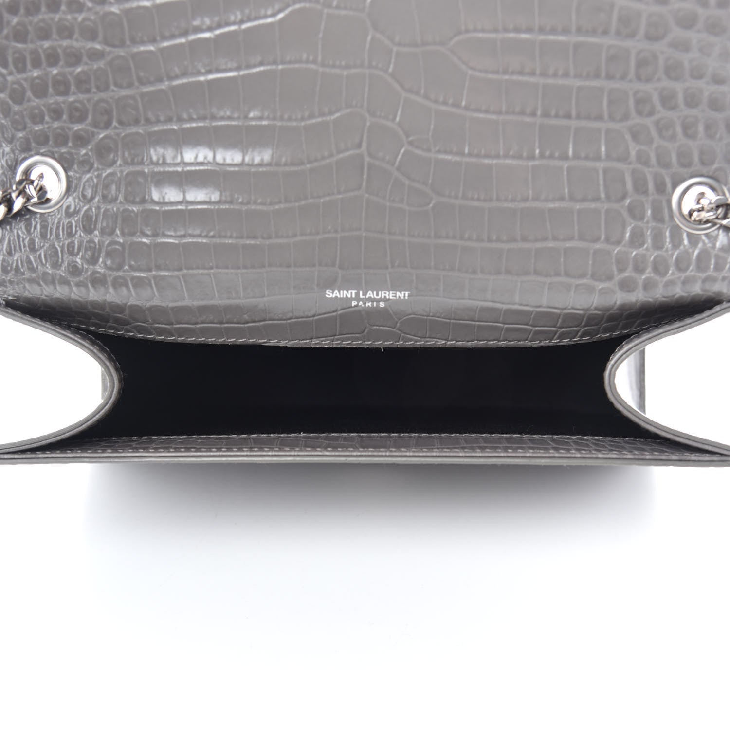 Saint Laurent Calfskin Crocodile Embossed Medium Classic Monogram Kate Tassel Satchel Earth Grey 5 of 10