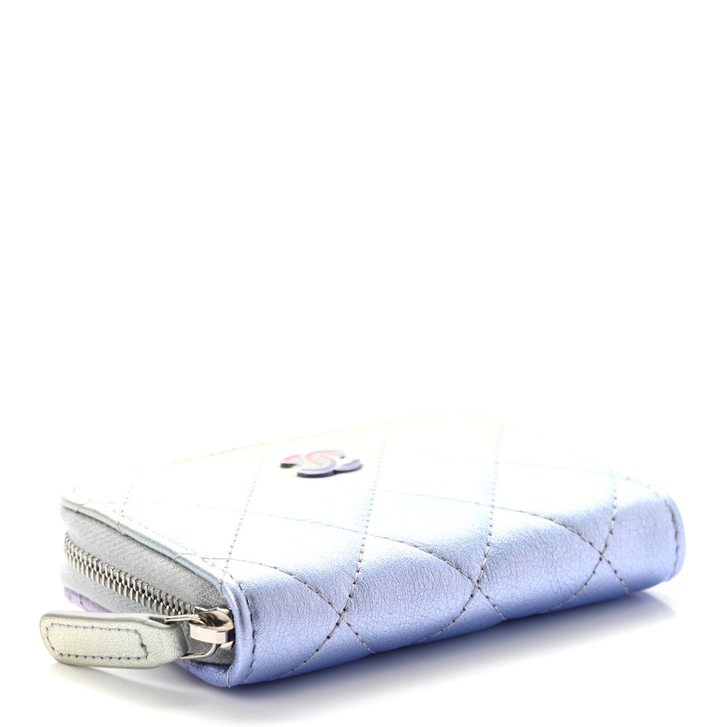 Gradient Metallic Calfskin Quilted Zip Around Coin Purse Wallet Silver Blue Yellow Purple