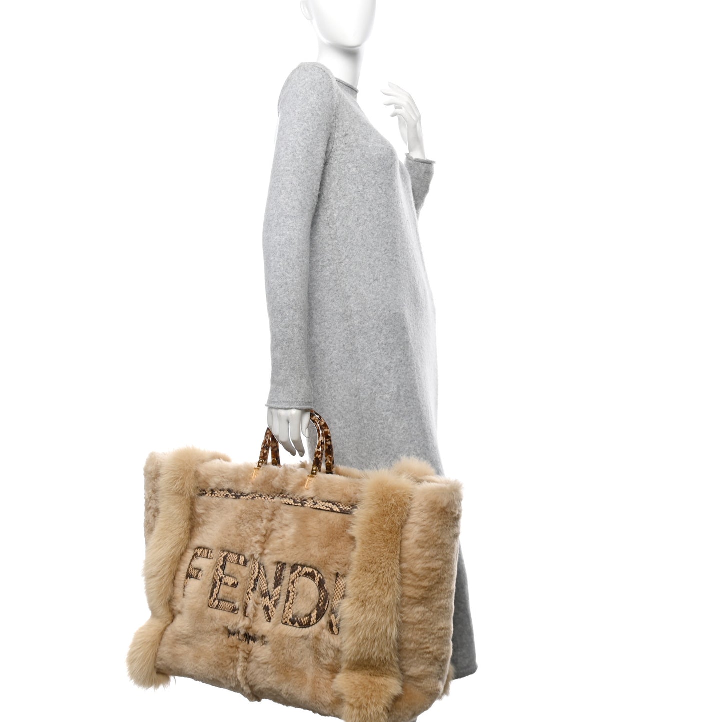 Fox Fur Sheepskin Elaphe Plexiglass FF Embossed XL Fendi Sunshine Shopper Tote Natural
