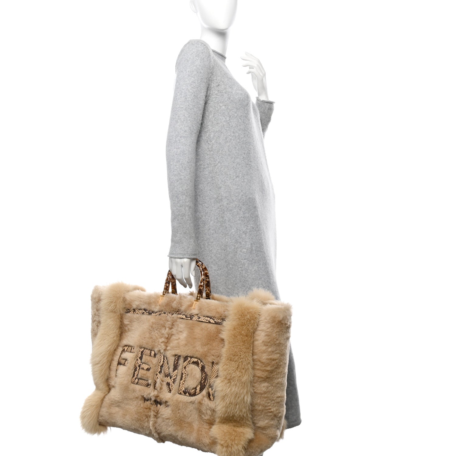 Fendi Fox Fur Sheepskin Elaphe Plexiglass FF Embossed XL Fendi Sunshine Shopper Tote Natural 2 of 11