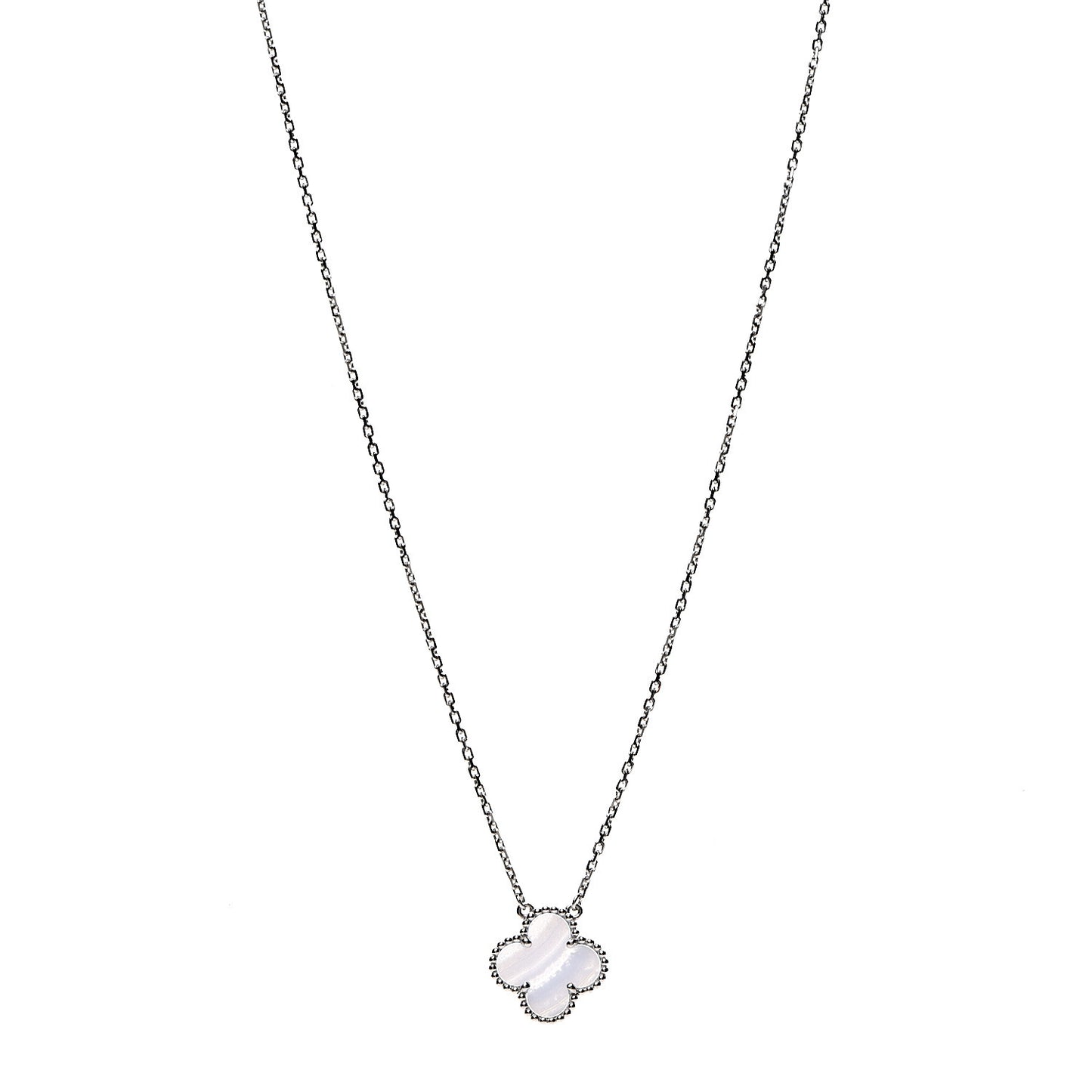18K White Gold Chalcedony Vintage Alhambra Pendant Necklace