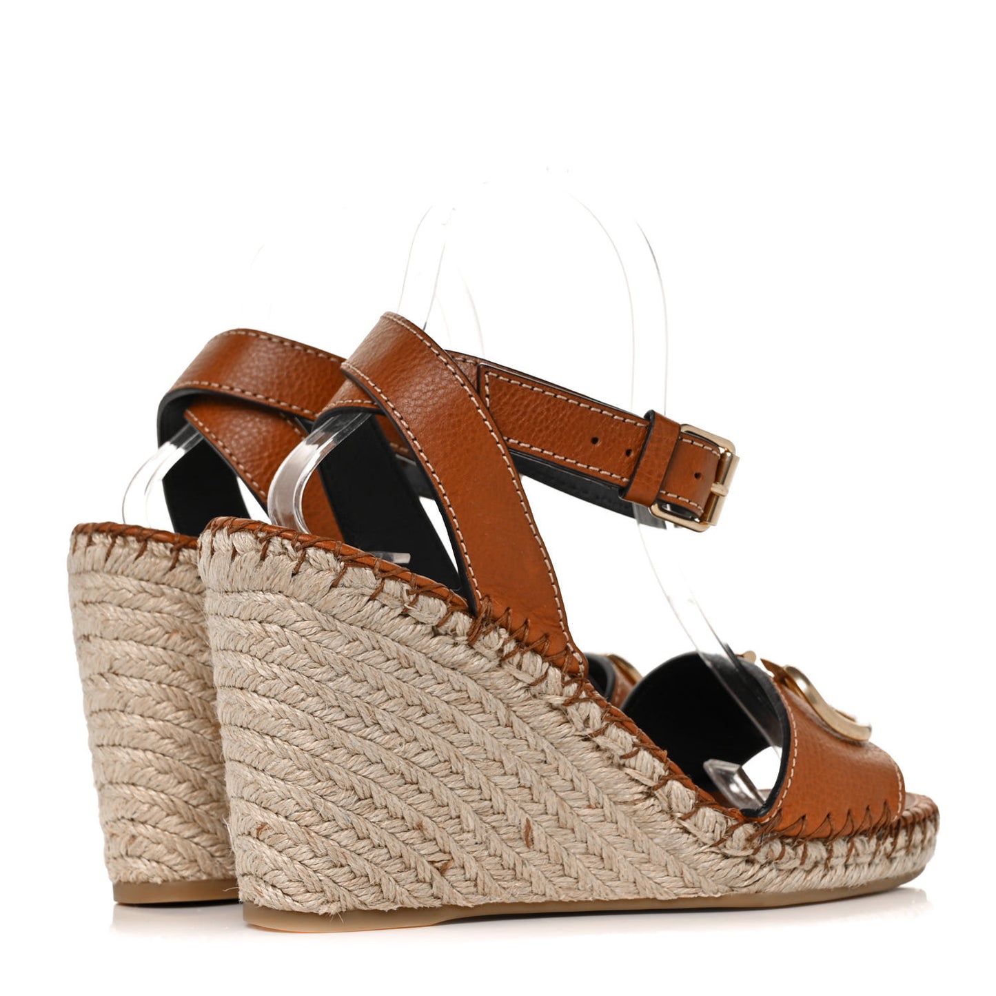 Grainy Cowhide VLogo Ankle Wrap Espadrille Wedge Sandals 40 Cuoio