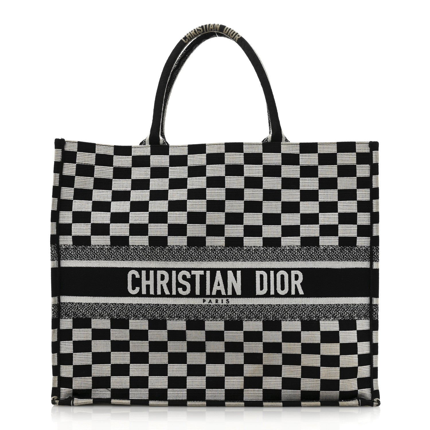 Christian Dior Canvas Embroidered Checkered Book Tote Black White 1 of 12