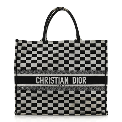 Christian Dior Canvas Embroidered Checkered Book Tote Black White 1 of 12