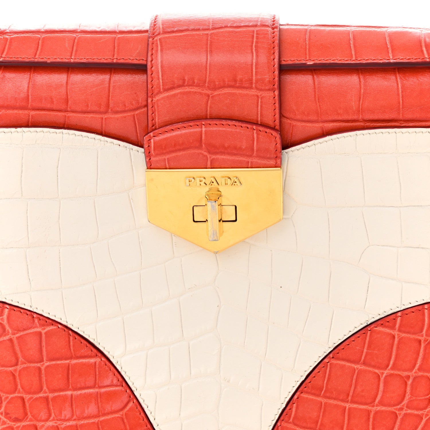 Prada Calfskin Crocodile Embossed Turn Lock Satchel Orange White 8 of 13