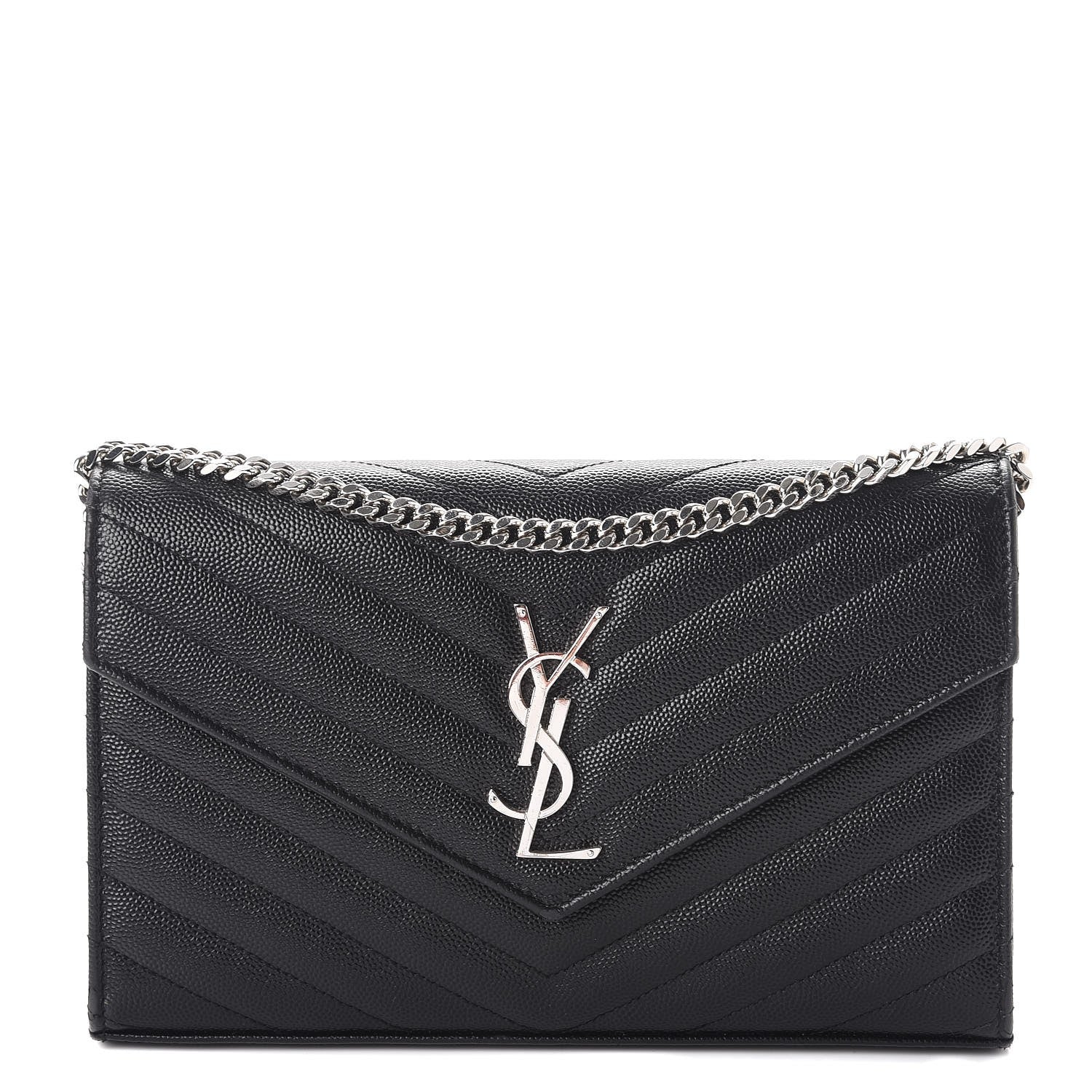 Saint Laurent Grain De Poudre Matelasse Chevron Monogram Chain Wallet Black 1 of 12