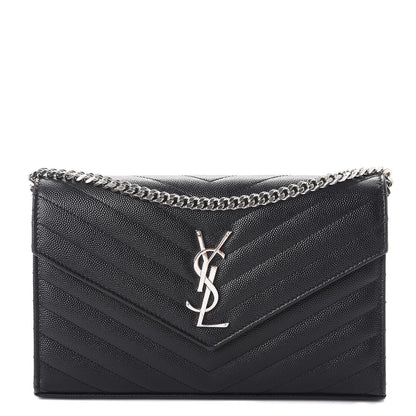 Saint Laurent Grain De Poudre Matelasse Chevron Monogram Chain Wallet Black 1 of 12