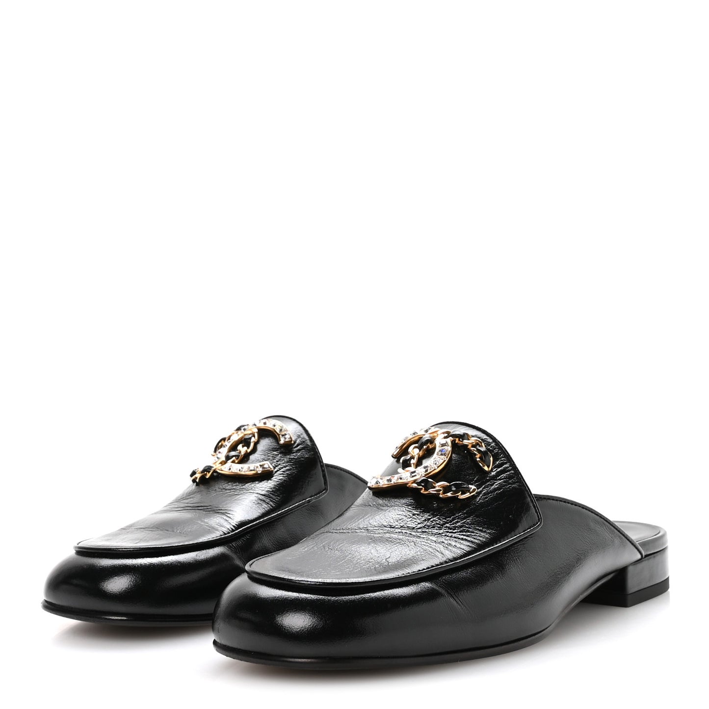 Shiny Calfskin Crystal CC Mules 39 Black