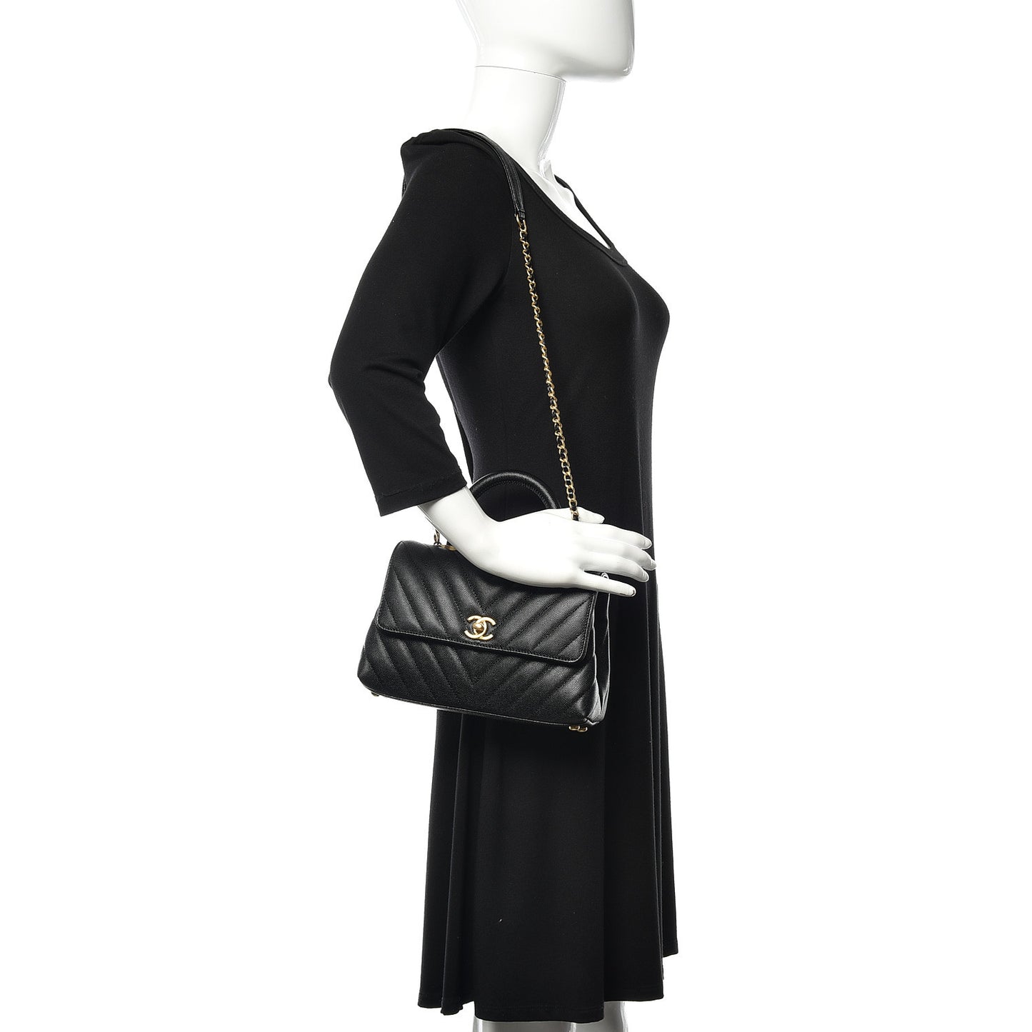 Caviar Chevron Quilted Mini Coco Handle Flap Black