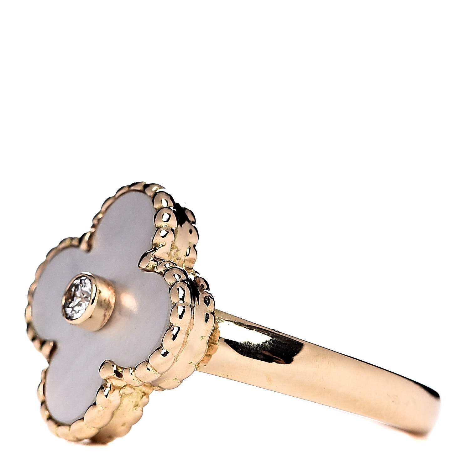 Van Cleef & Arpels 18K Yellow Gold Diamond Mother of Pearl Vintage Alhambra Ring 48 4.5 3 of 6