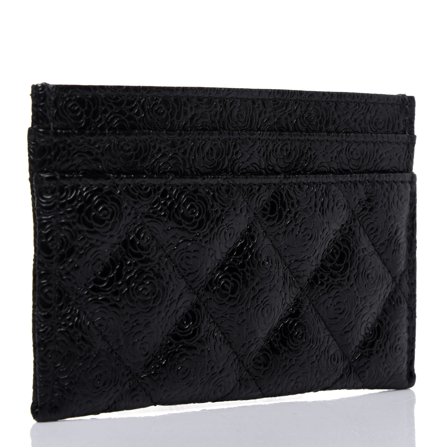 Calfskin Camellia Embossed Quilted Card Holder Black