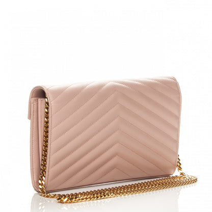 Saint Laurent Grain De Poudre Matelasse Chevron Monogram Chain Wallet Pale Pink 3 of 7