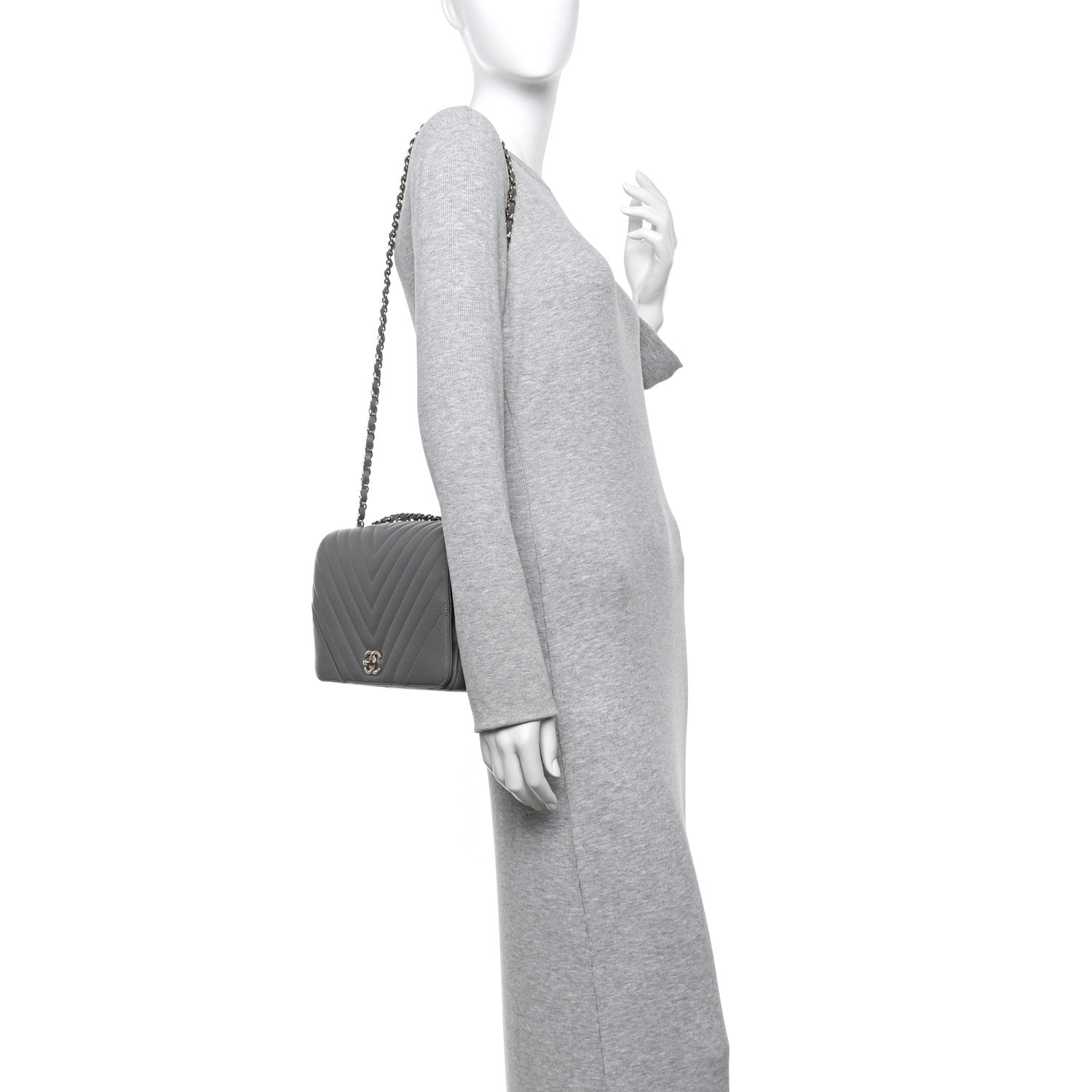 Chanel Calfskin Chevron Quilted Large Statement Flap Grey 2 of 10