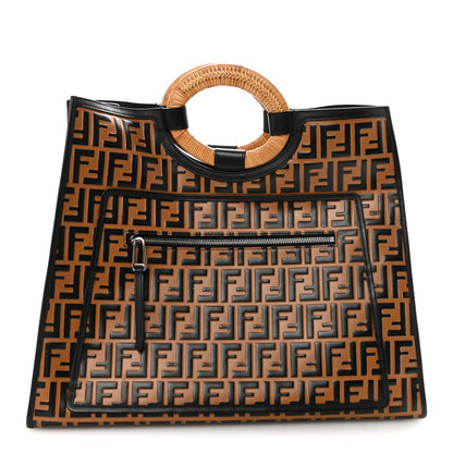 Fendi Vitello Century Wicker FF Embossed Large Runaway Shopper Tote Tobacco Black 1 of 10
