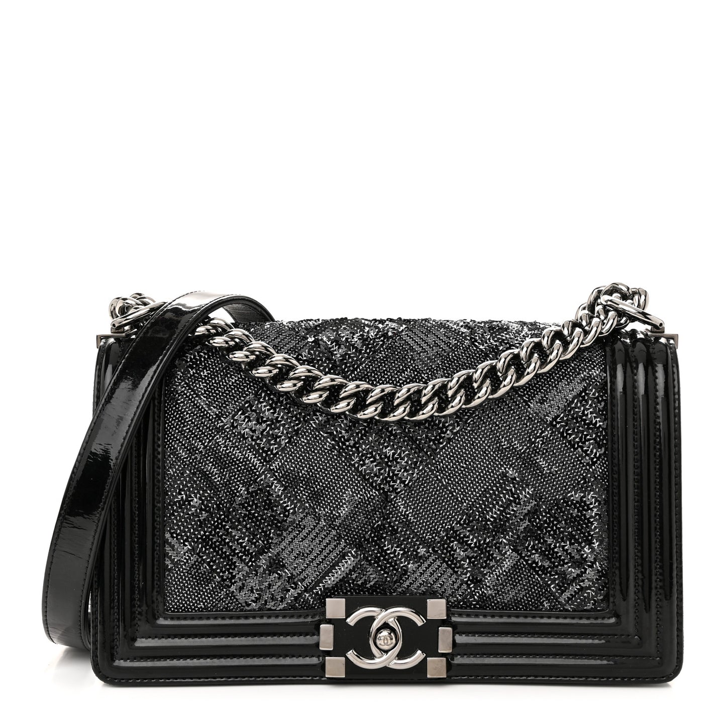 Patent Iridescent Calfskin Sequin Medium Boy Flap Bag Black