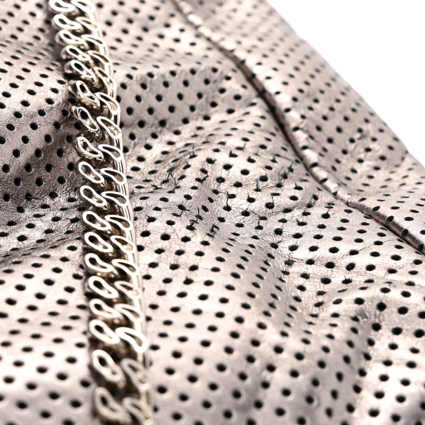 Metallic Crackled Calfskin Perforated Drill Shoulder Bag Silver