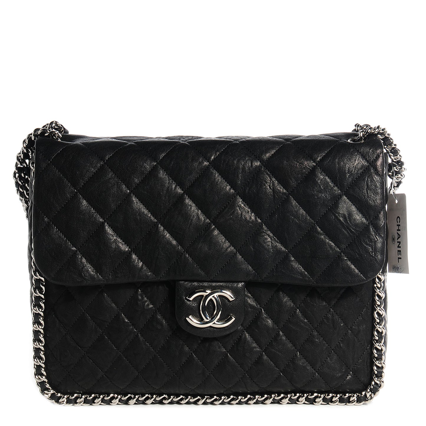 Washed Lambskin Chain Around Maxi Flap Bag Black