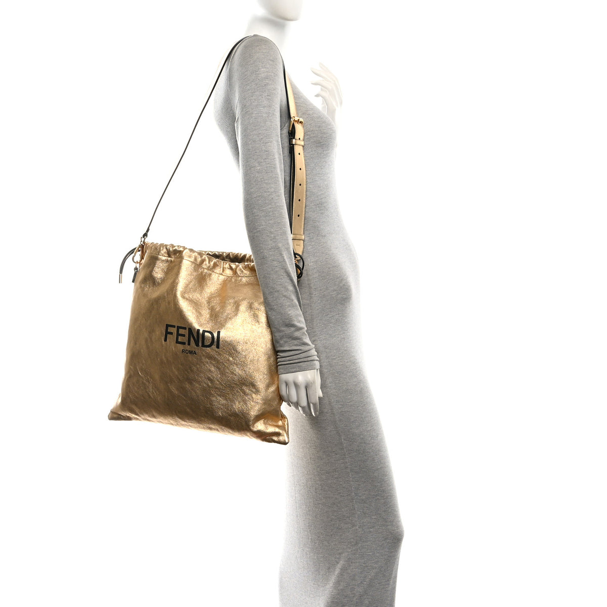 Laminated Calfskin Medium Drawstring Pouch Bag Oro Black
