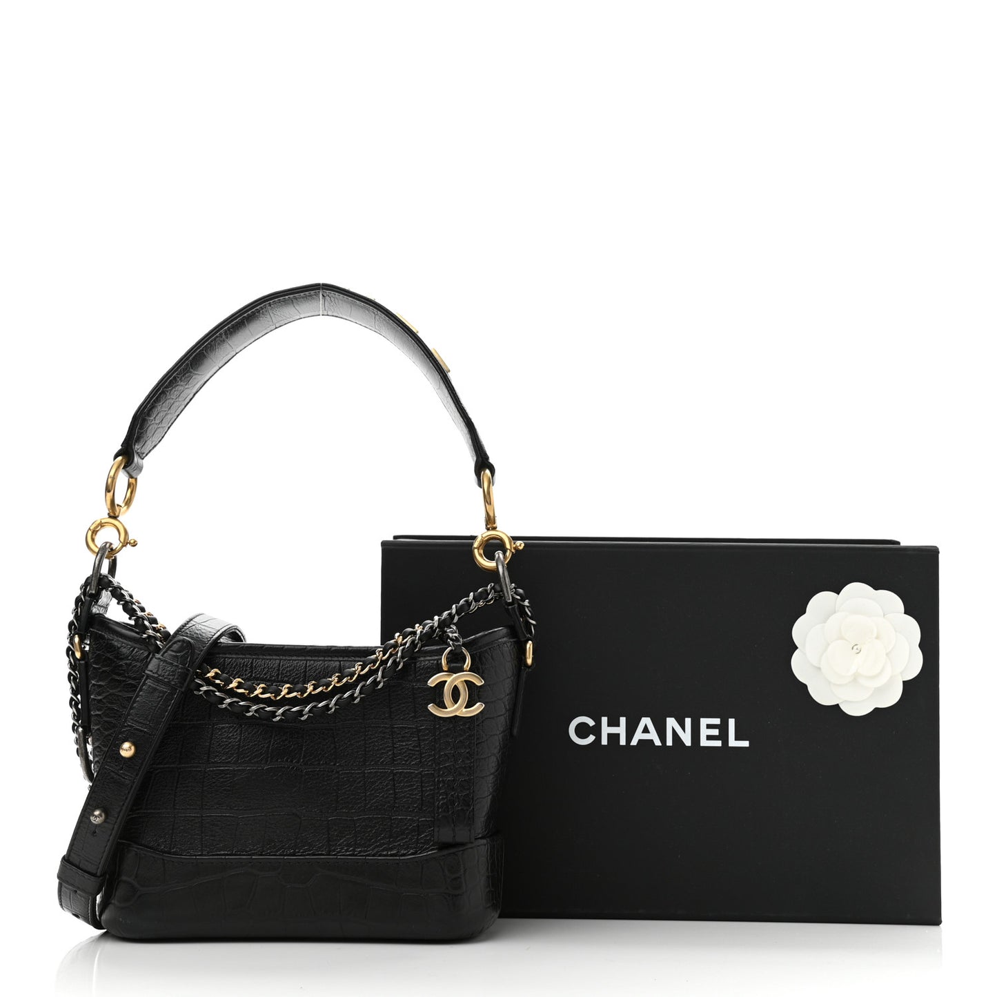 Calfskin Crocodile Embossed Small Gabrielle Cocodile Hobo Black