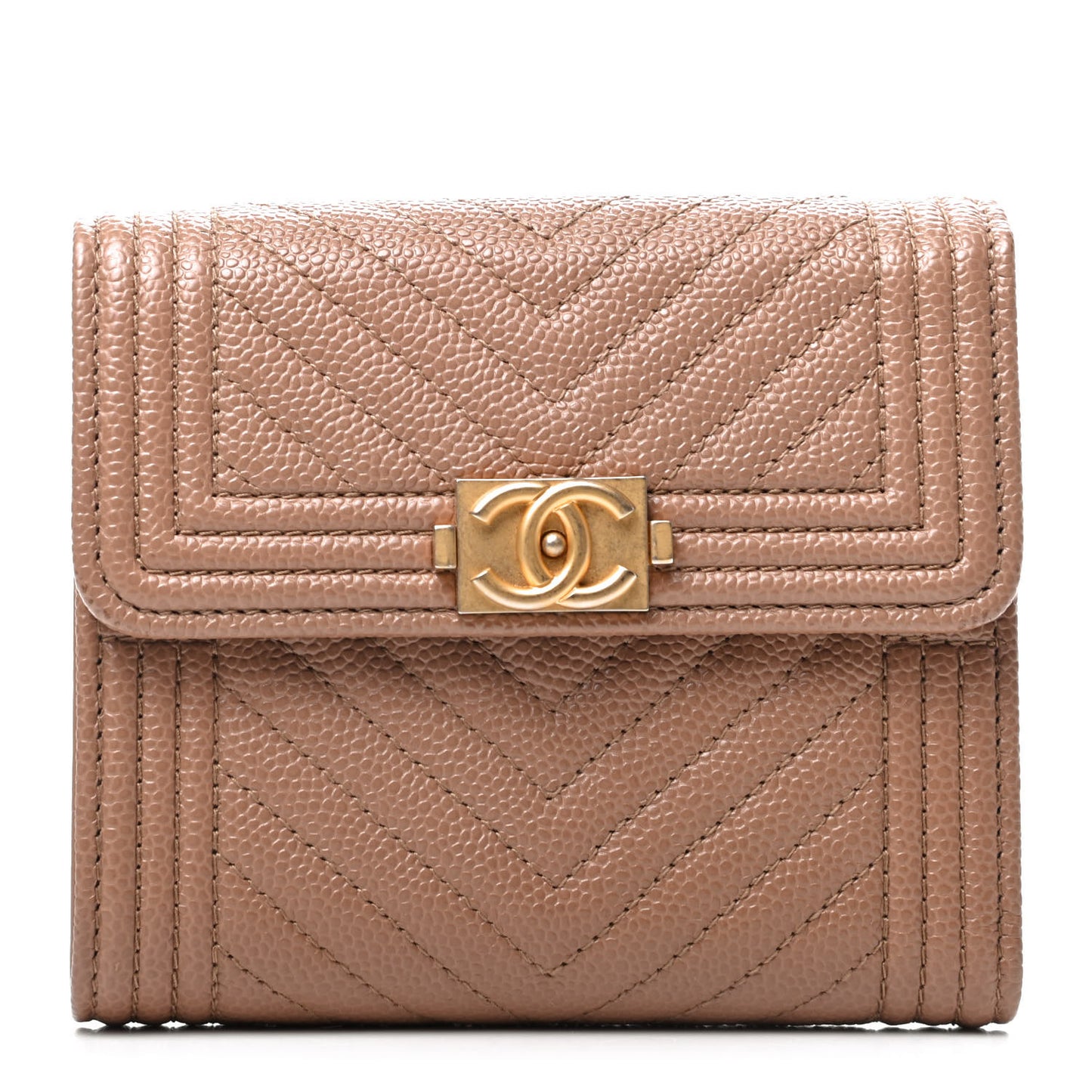 Caviar Chevron Quilted Boy Compact Wallet Light Brown
