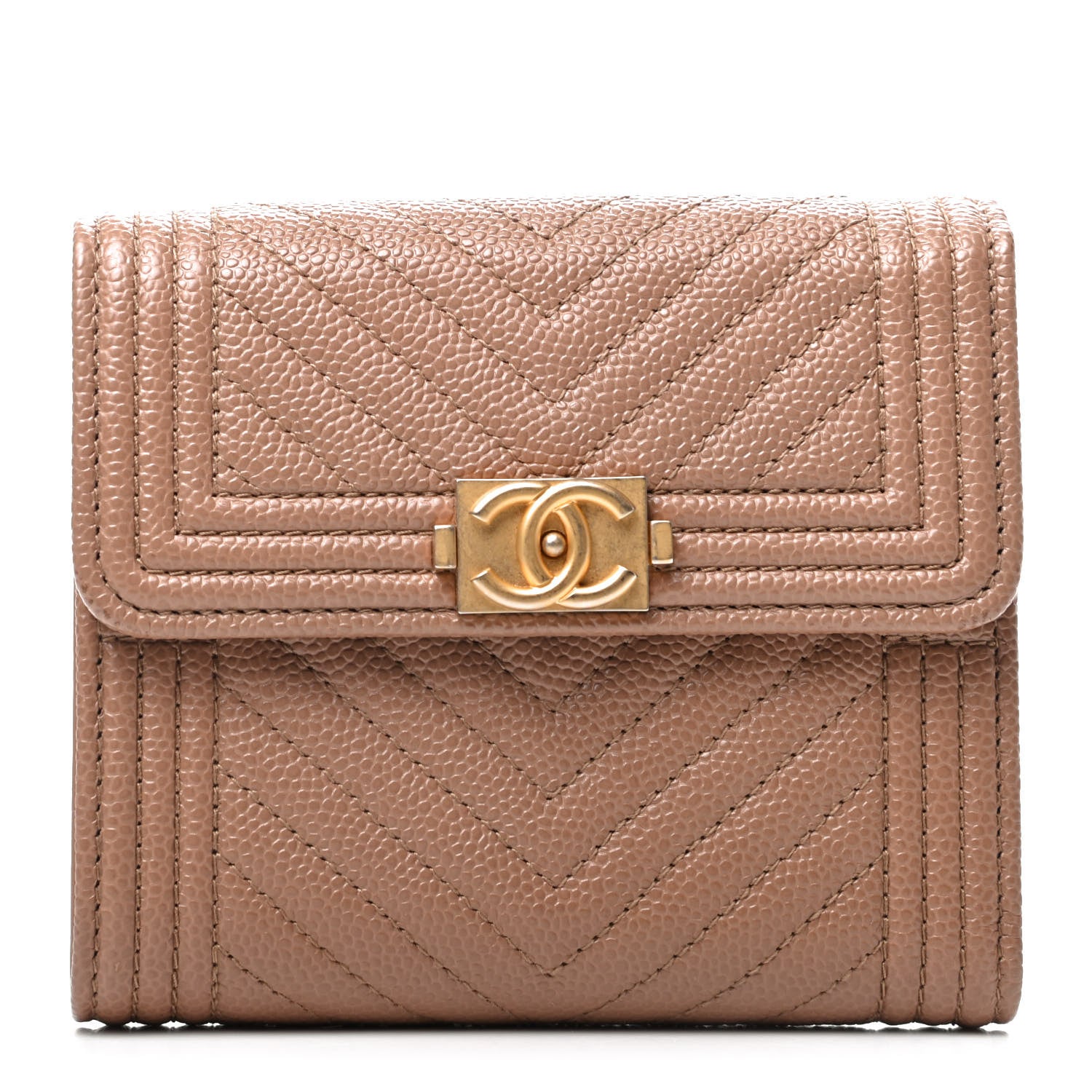 Chanel Caviar Chevron Quilted Boy Compact Wallet Light Brown 1 of 8