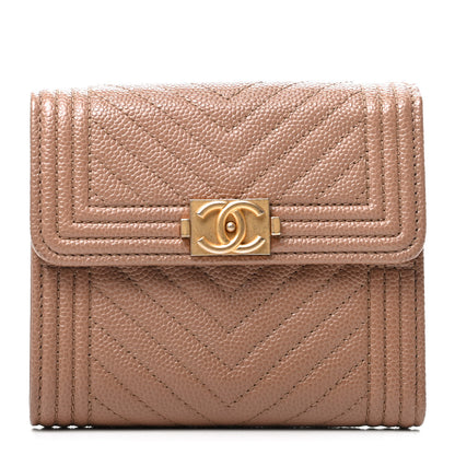 Chanel Caviar Chevron Quilted Boy Compact Wallet Light Brown 1 of 8
