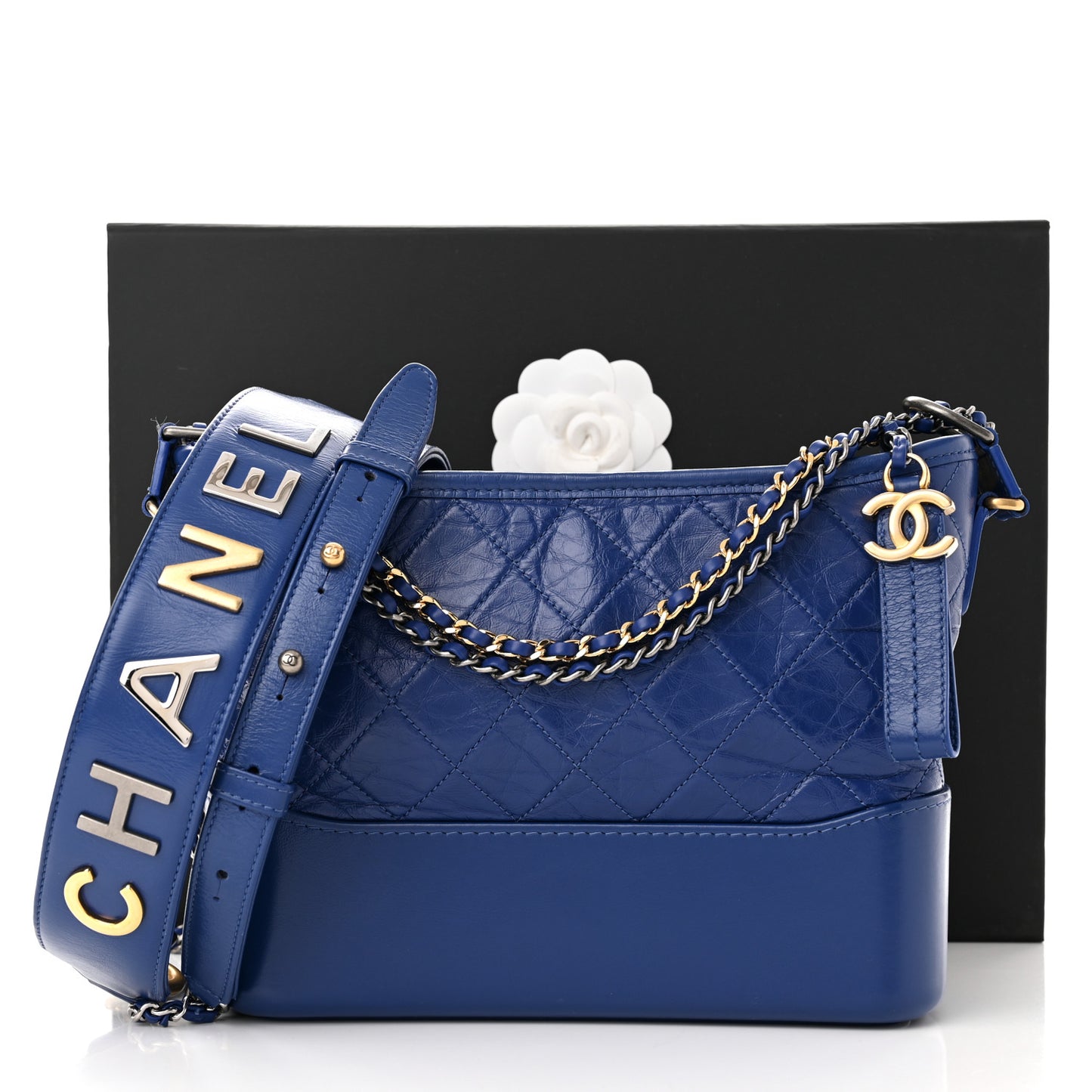 Aged Smooth Calfskin Quilted Medium Gabrielle Logo Hobo Blue