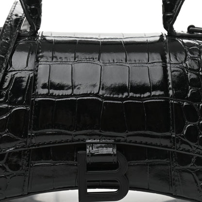 Balenciaga Shiny Calfskin Monochrome Crocodile Embossed Hourglass Top Handle Bag XS Black 6 of 8