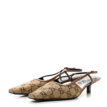 Gucci GG Monogram Malaga Kid Crystal Square G 35mm Slingback Pumps 40 Camel Ebony Cuir 3 of 8