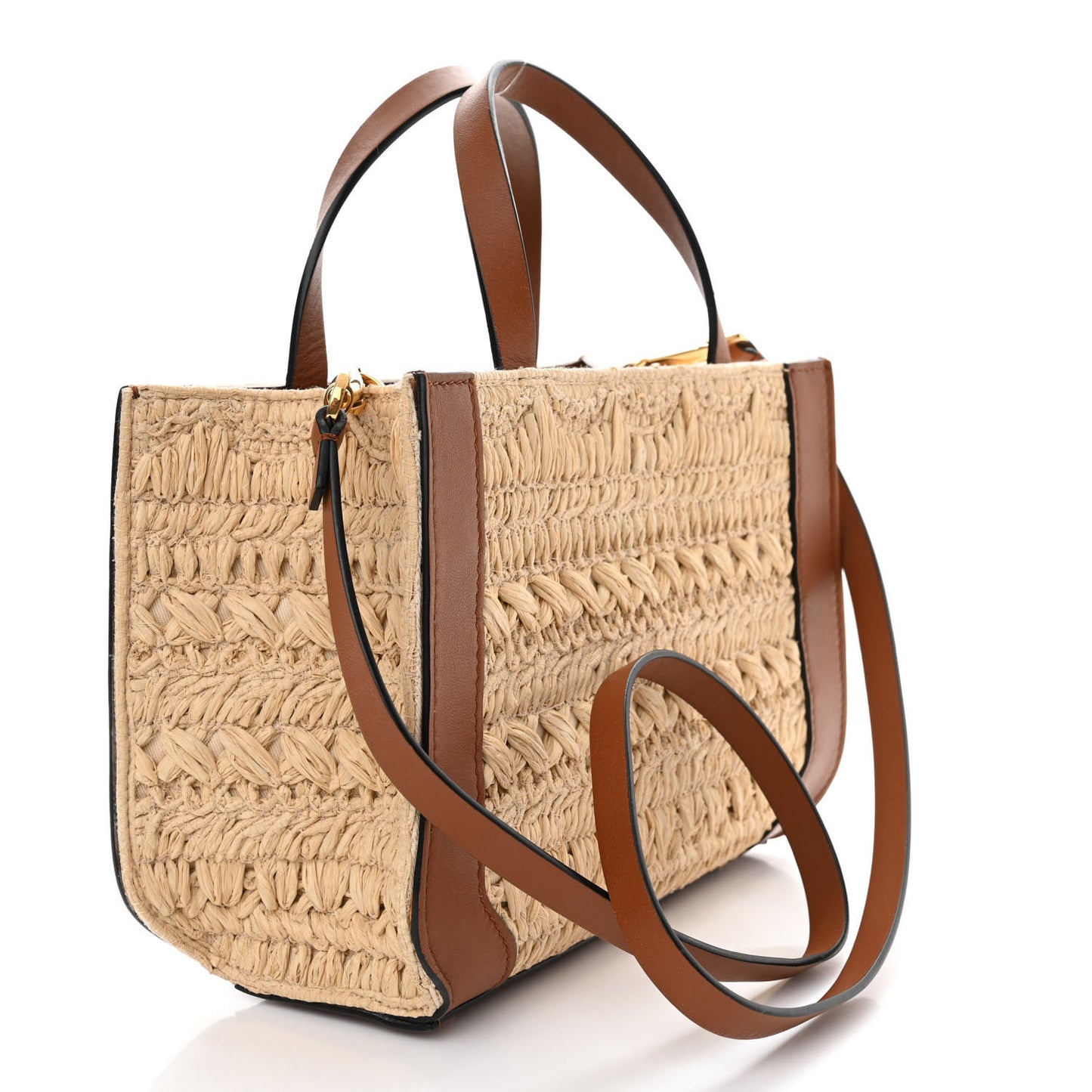 Raffia Calfskin Small Vlogo Signature Tote Natural Saddle Brown
