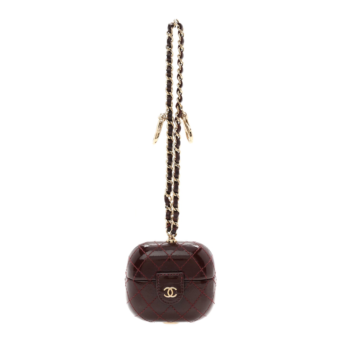 Glazed Calfskin Quilted Airpods Pro Case With Chain Burgundy