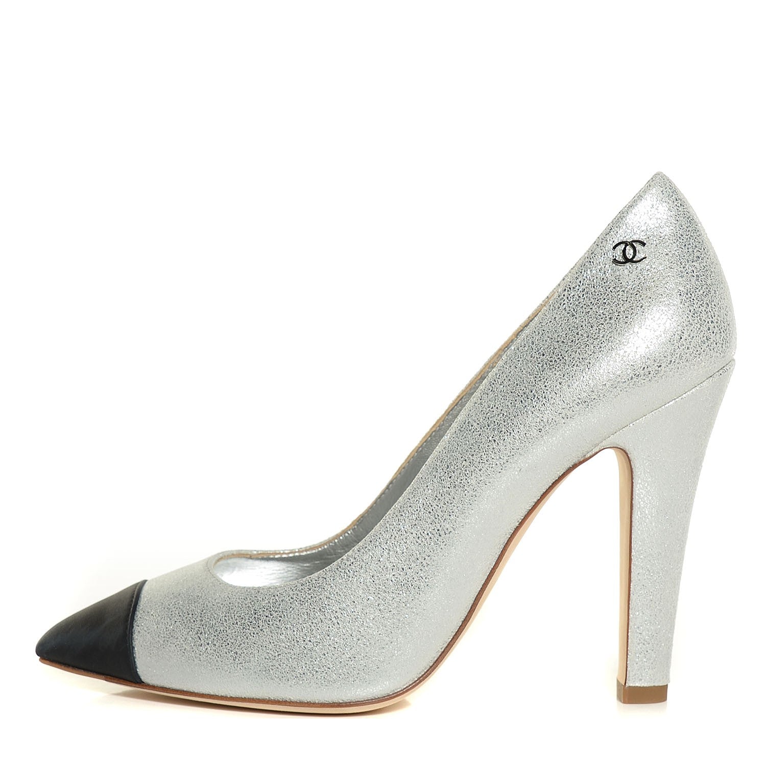 Chanel Metallic Crackled Leather Cap Toe Pumps 37 Silver Black 1 of 7