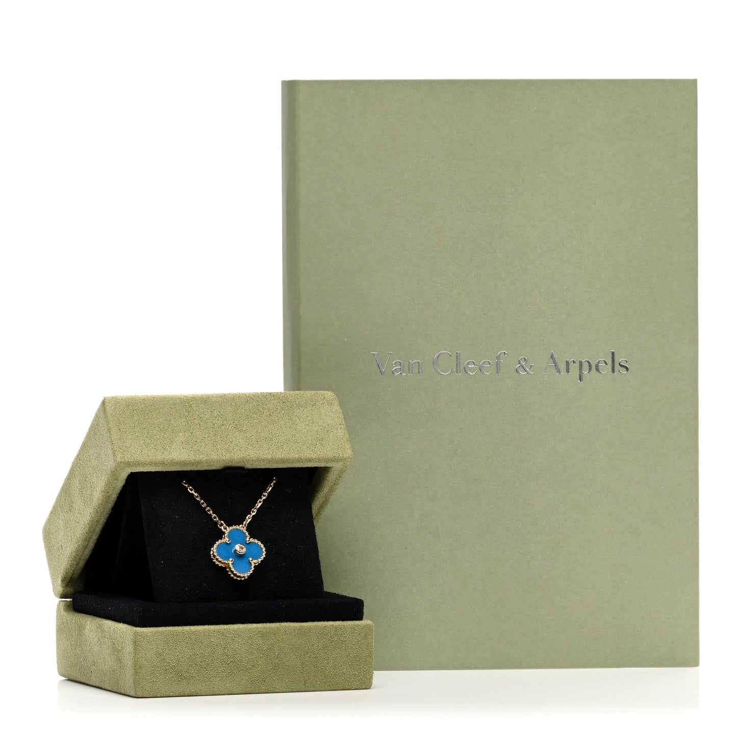 18K Yellow Gold Diamond Celestial Blue Sevres Porcelain Vintage Alhambra Pendant Necklace
