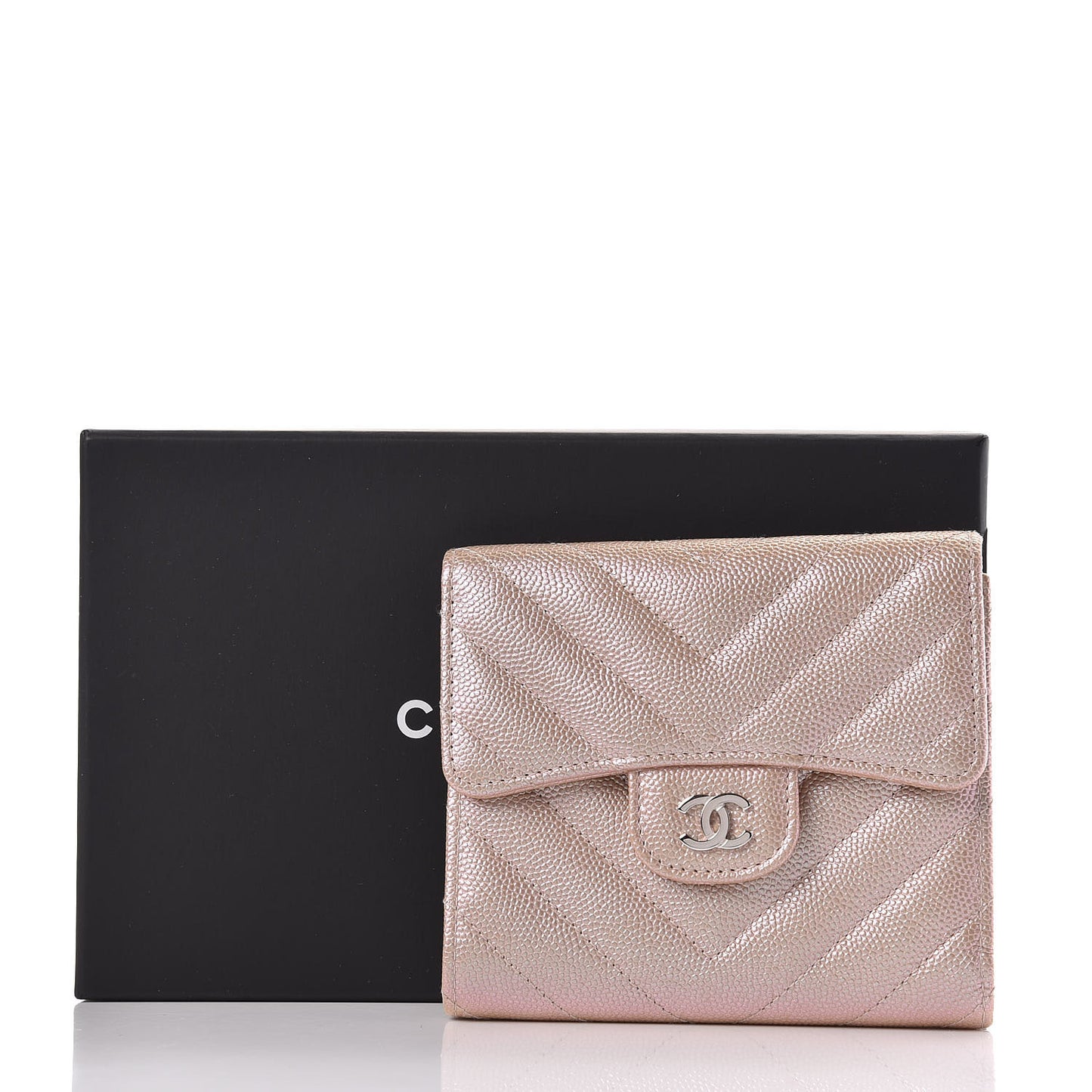 Metallic Caviar Chevron Quilted Compact Flap Wallet Light Gold