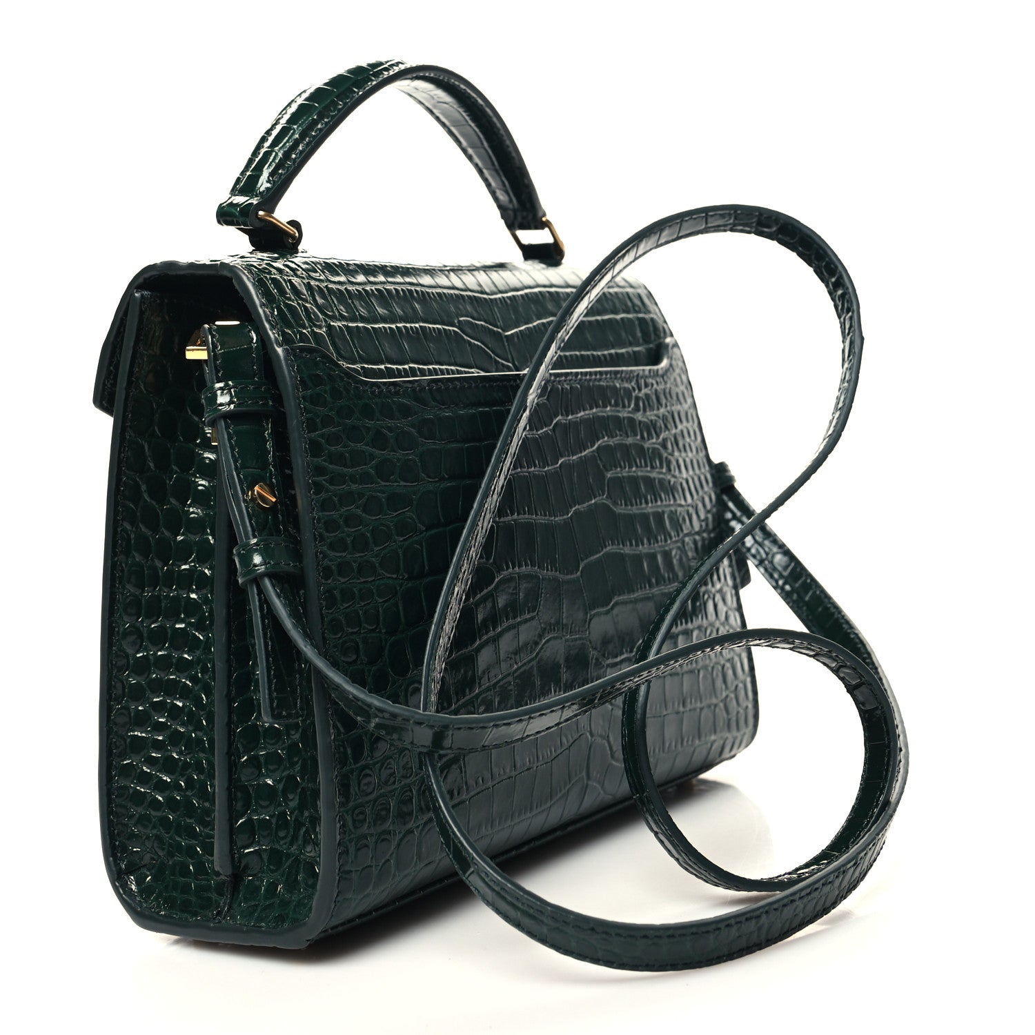 Saint Laurent Calfskin Crocodile Embossed Mini Classic Monogram Cassandra Top Handle Green 3 of 9