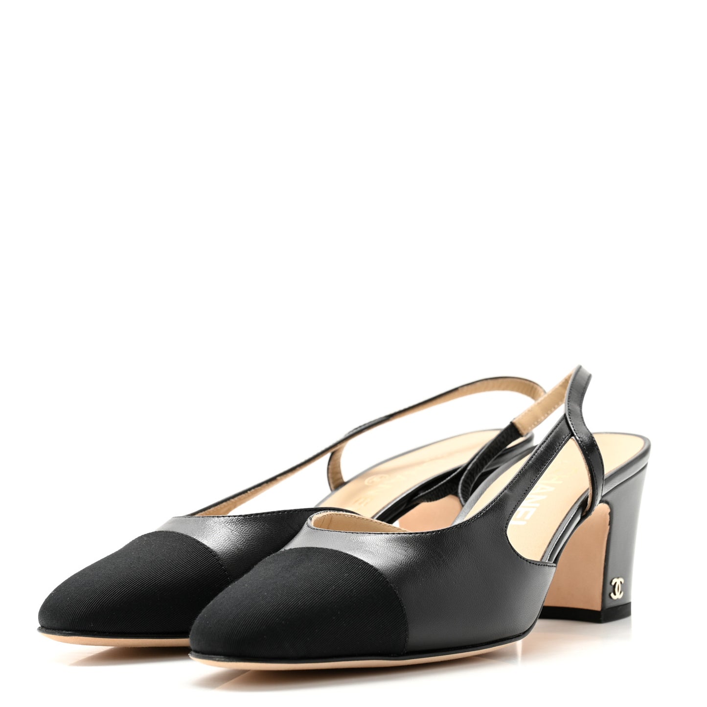 Goatskin Grosgrain Cap Toe CC Slingback Sandals 38.5 Black