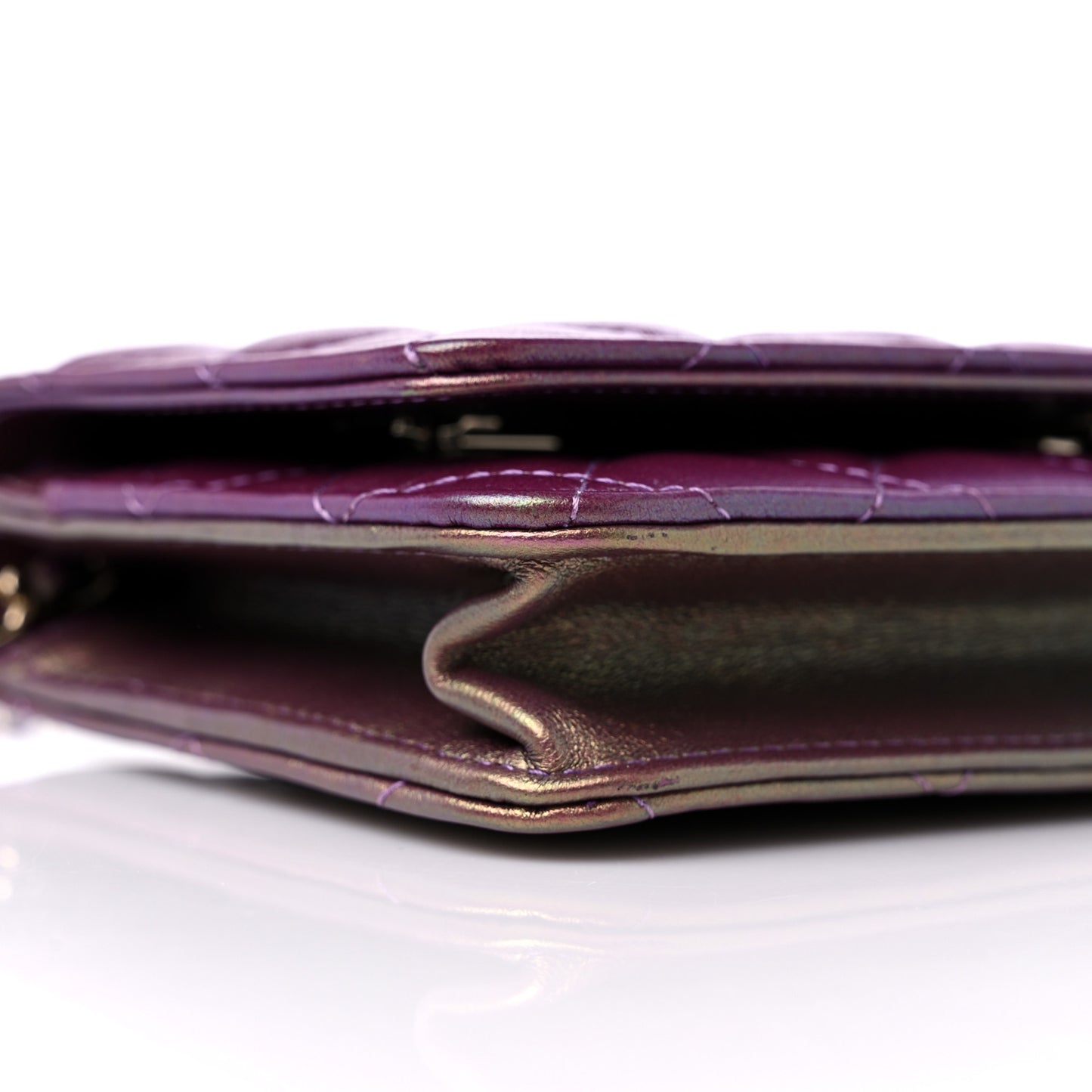 Iridescent Lambskin Quilted Wallet On Chain WOC Purple