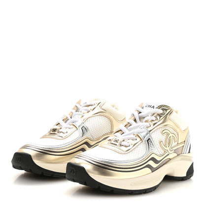 Chanel Fabric Laminated Calfskin Stretch CC Womens Sneakers 36.5 White Gold Silver 4 of 8
