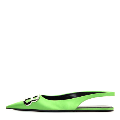 Balenciaga Satin BB Knife Pointy Toe Slingback Flats 39 Neon Green 1 of 10