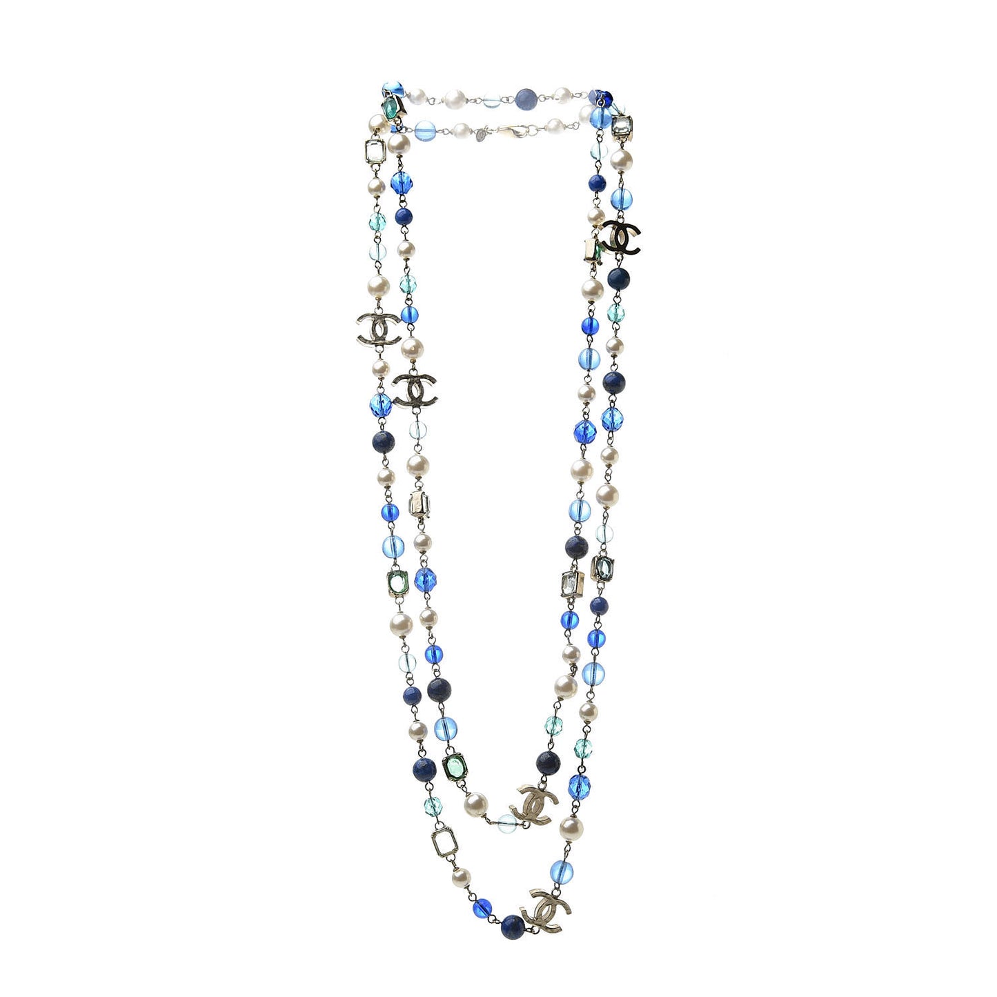 Pearl Beaded CC Long Necklace Gold Green Blue