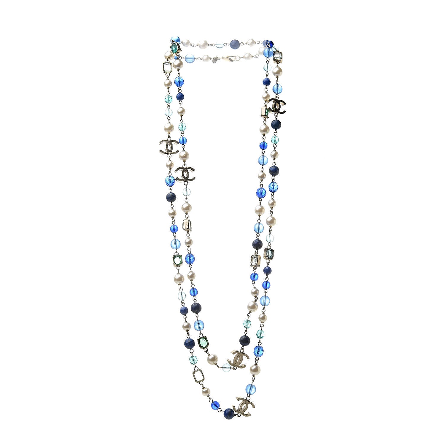 Chanel Pearl Beaded CC Long Necklace Gold Green Blue 3 of 4