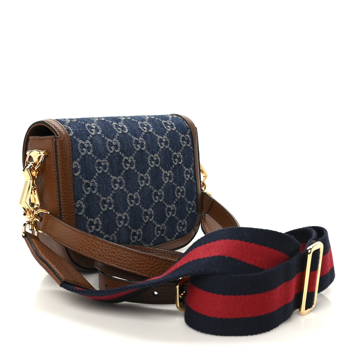 Gucci New Denim GG Monogram Dollar Calfskin Web Mini Horsebit 1955 Shoulder Bag Blue Tea Cuir Epilog 3 of 13