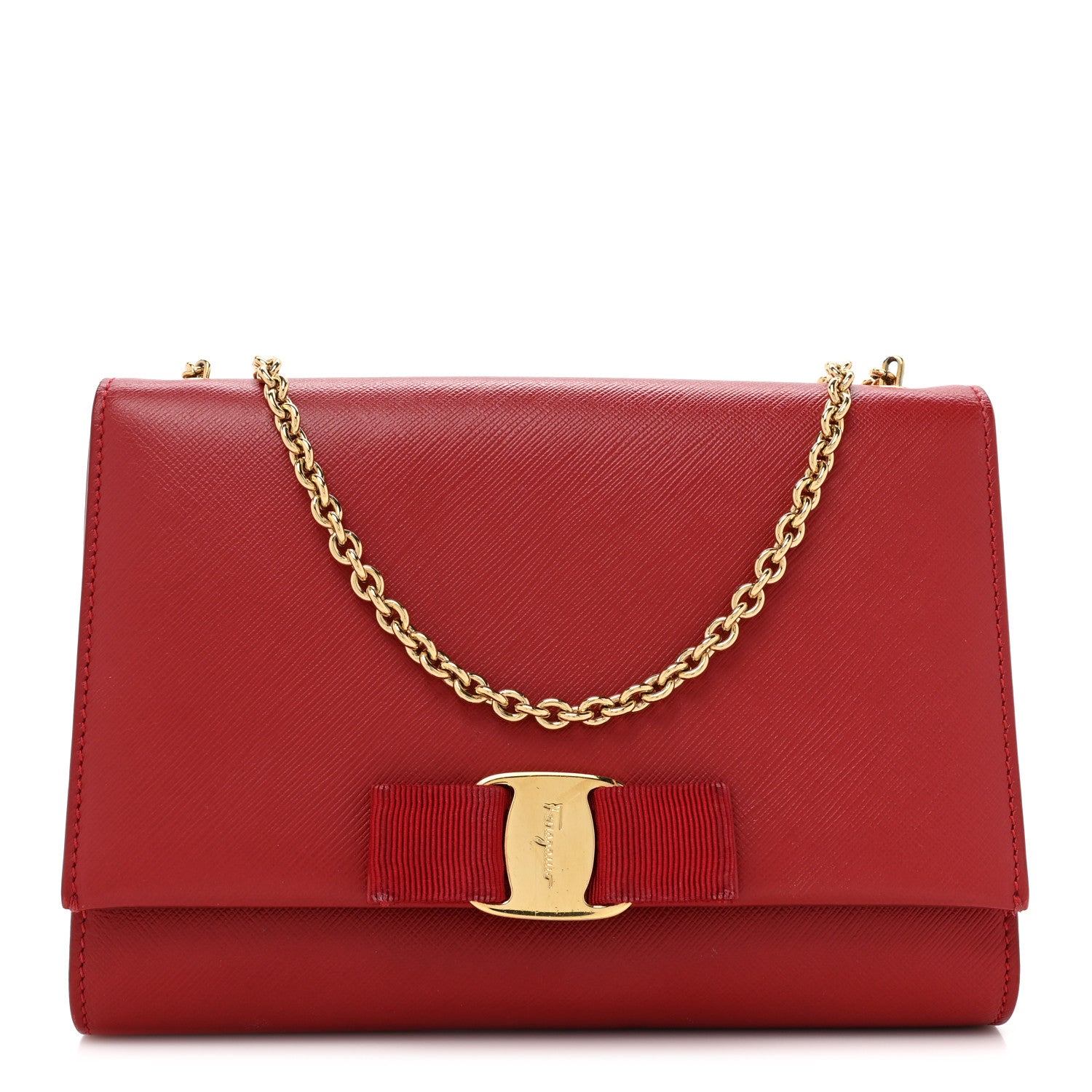 Salvatore Ferragamo Hammered Calfskin Mini Miss Vara Bow Chain Bag Red 1 of 7
