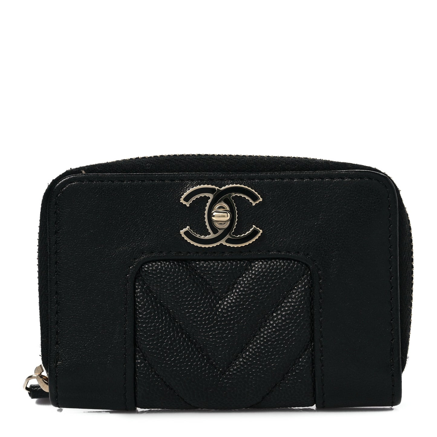 Caviar Sheepskin Chevron Quilted Vintage Mademoiselle Zip Coin Purse Black