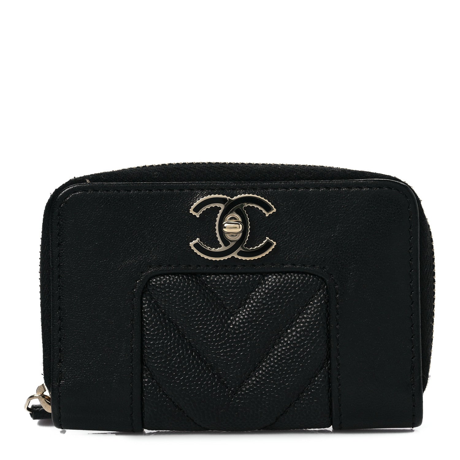 Chanel Caviar Sheepskin Chevron Quilted Vintage Mademoiselle Zip Coin Purse Black 1 of 8
