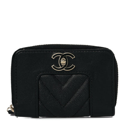 Chanel Caviar Sheepskin Chevron Quilted Vintage Mademoiselle Zip Coin Purse Black 1 of 8