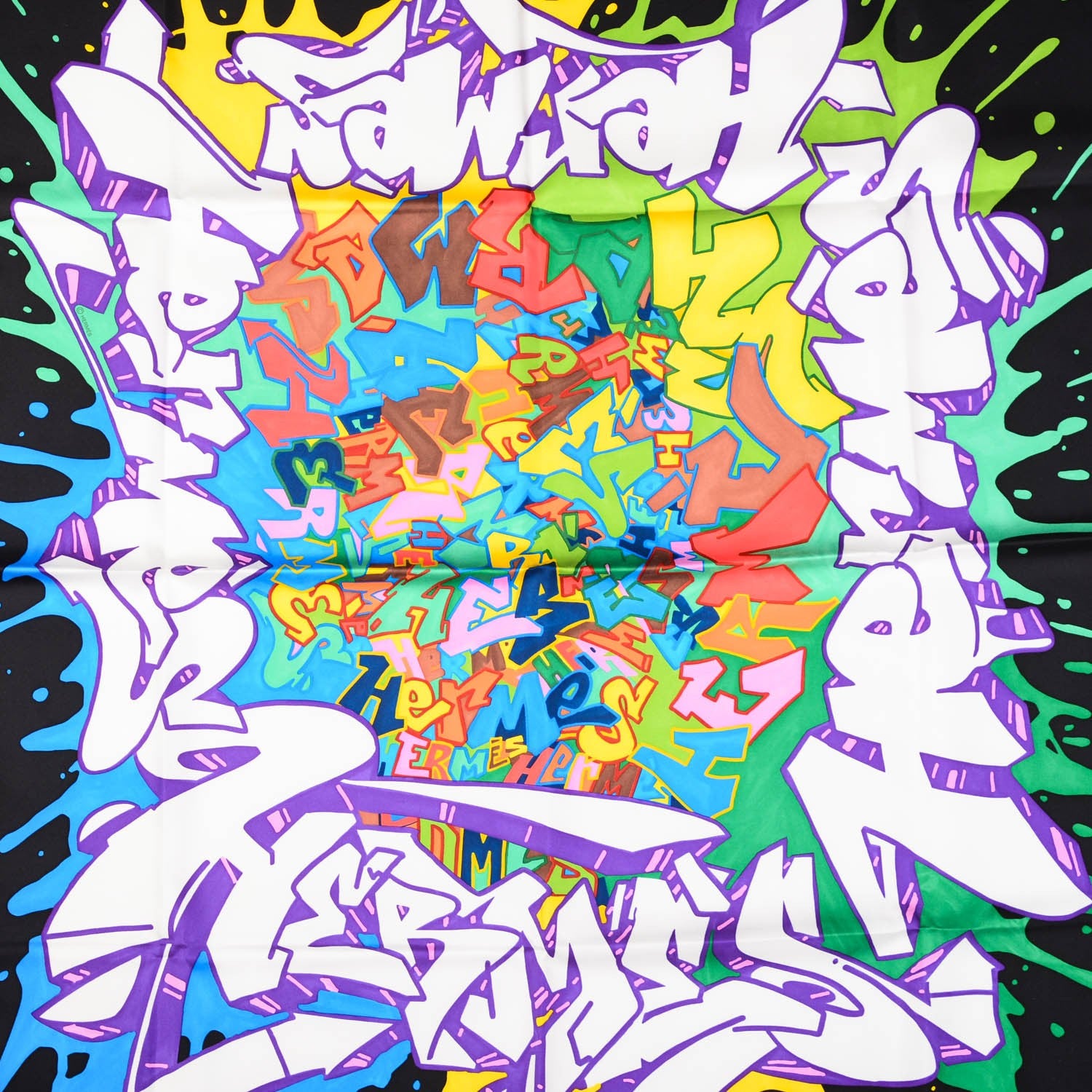 Hermes Silk Graff Graffiti Scarf 90 Noir Blanc Jaune Vif 1 of 5